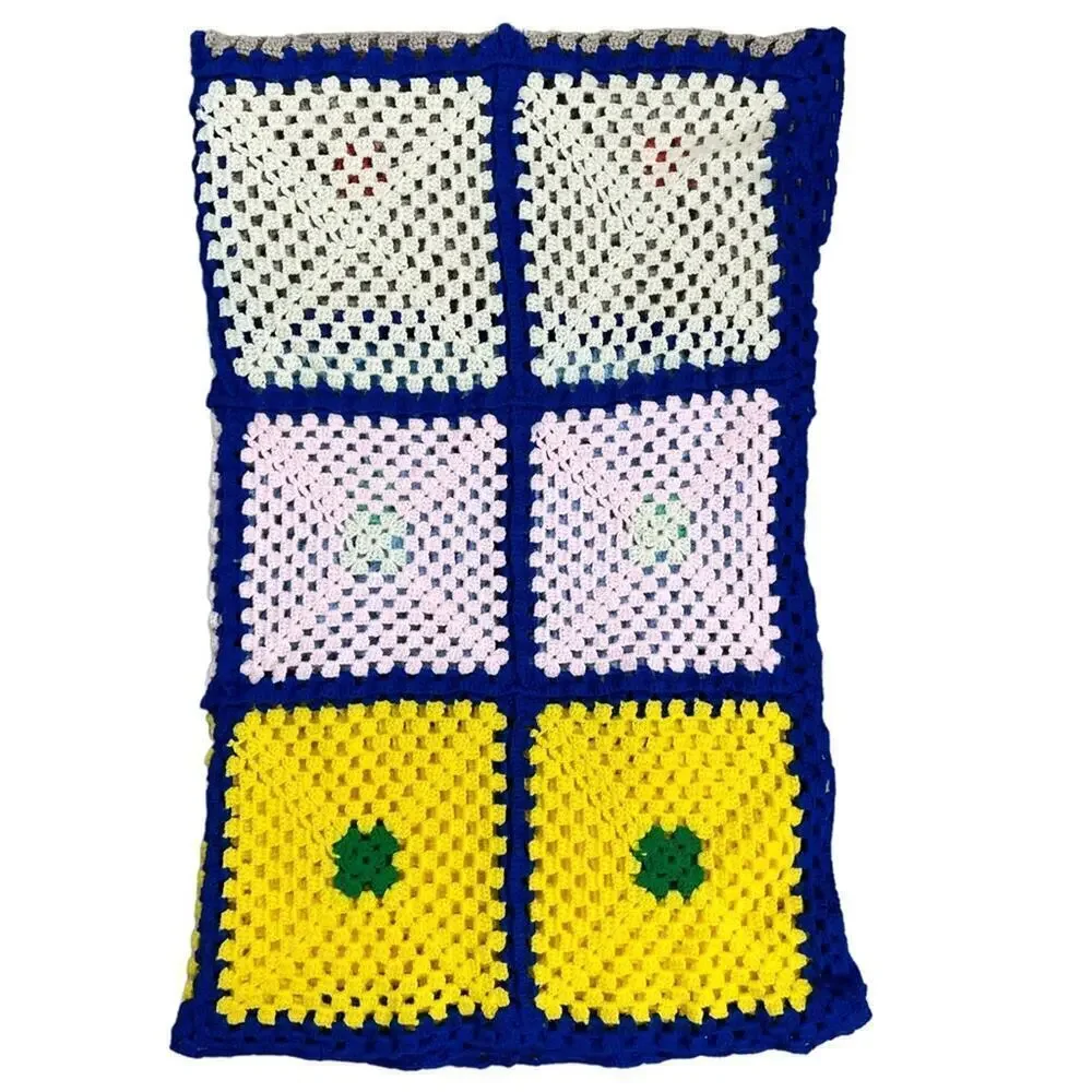 Vintage Afghan Handmade Granny Square Crochet Knit Blanket Multicolored Throw